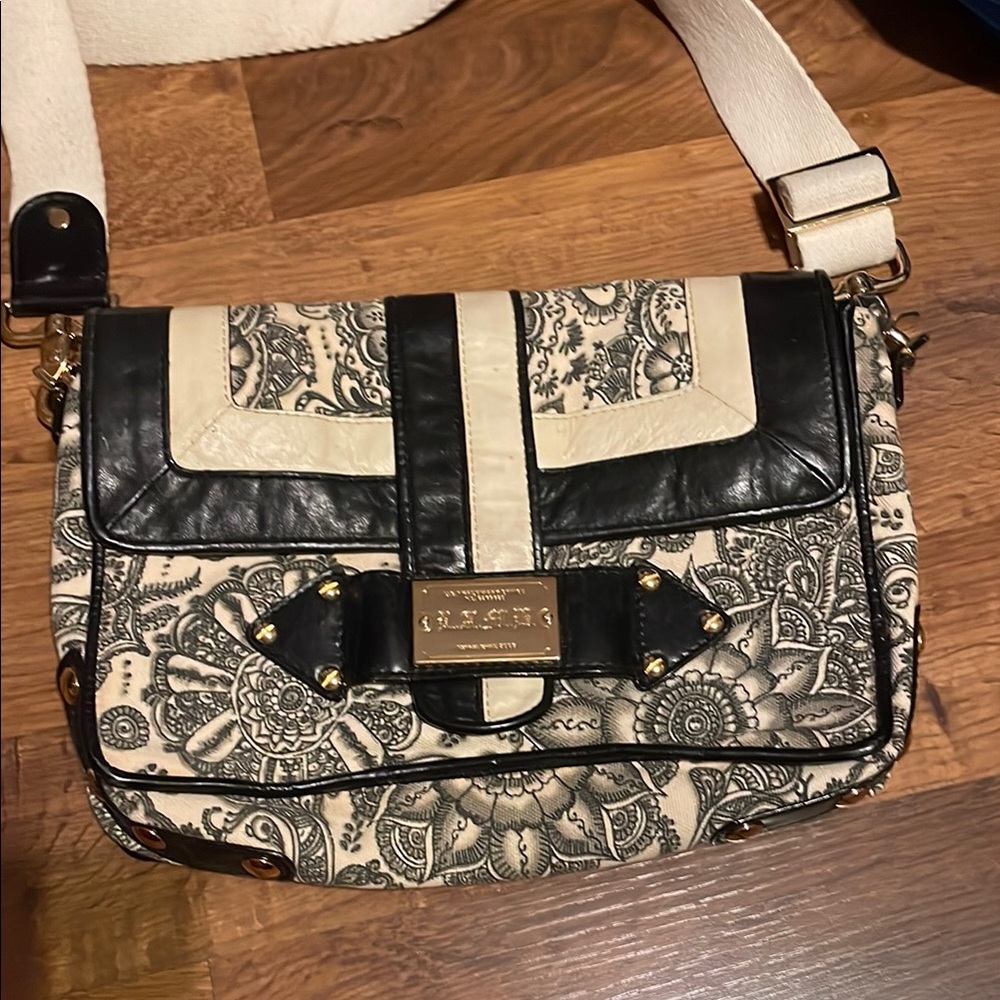 L.A.M.B. Black and Cream Crossbody Bag with Henna print